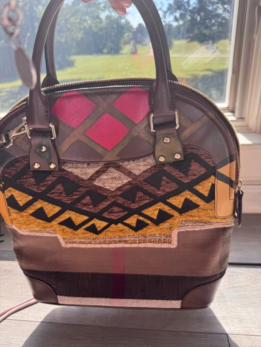 Burberry Multicolor Geometric Canvas & Leather Satchel - Pink, Yellow, Brown - Picture 2 of 10